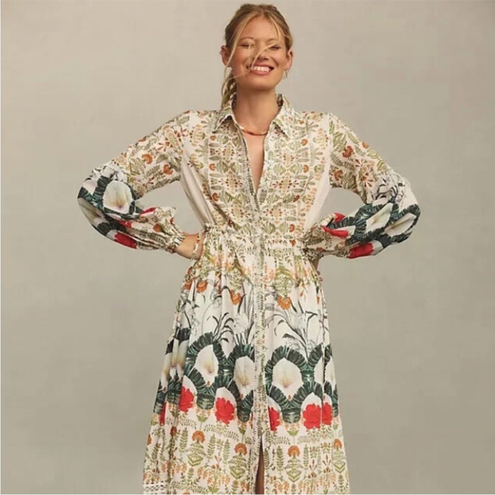 NWT-- Anthropologie Long Sleeve Button Down Maxi Botanical Dress size SMALL